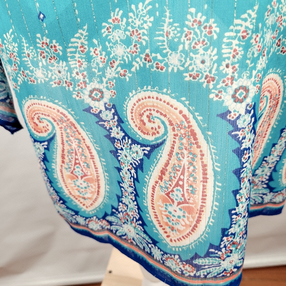 Chicos Faux Wrap Top Teal Paisley Flutter Sleeve Hi low Front to back Size 2 - Picture 7 of 10